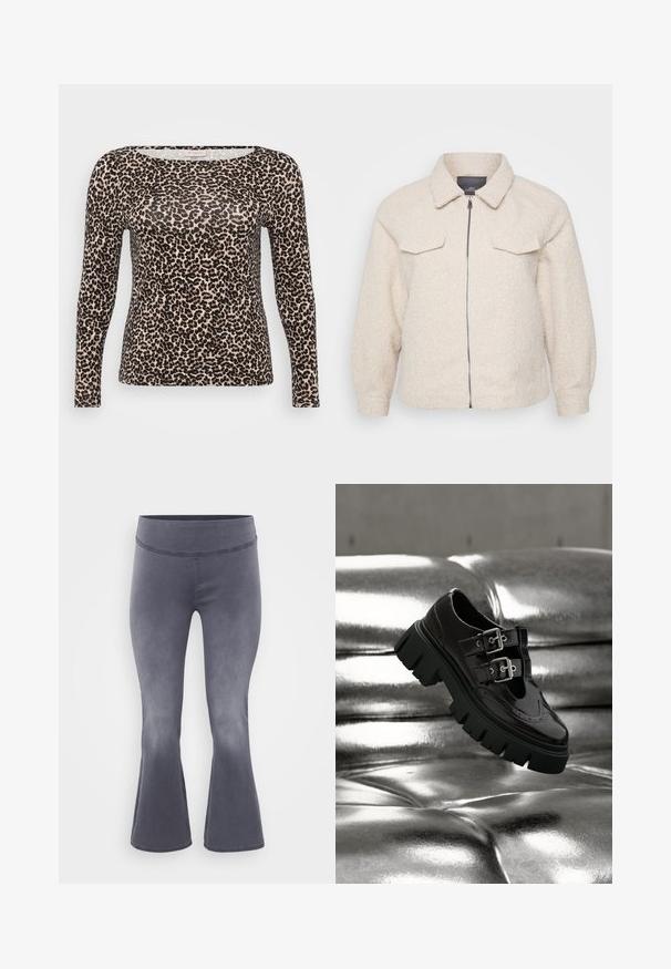Lys beige fleecejakke med lynlås, krave og to forlommer. Har et tekstureret stof og en afslappet pasform.; Langærmet top i let stof med en beige bundfarve og sort leopardprintmønster samt en bred, rund halsudskæring.; Grå flagrende bukser med en bred talje. Glat stof med en let glans, der falmer fra mørkt i toppen til lysere mod bunden.; Sort sko med chunky sål og dobbelte sølvspænder, der svæver over en skinnende metallisk sølv tuftet overflade.