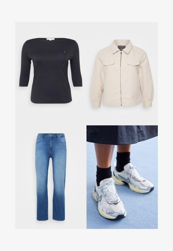 Lys beige fleecejakke med lynlås, krave og to forlommer. Har et tekstureret stof og en afslappet pasform.; Sort top med trekvartærmer lavet af blødt bomuldsstof. Har en bådudskæring og et lille logo-detalje på brystet.; Lysblå denimjeans med lige snit, fem-lomme design og en slidt effekt ved kanten. Knaplukning i taljen.; Hvide og sølv Nike sneakers med mesh-stof, reflekterende detaljer og en beige sål. Bæres med sorte sokker og står på en blå overflade.