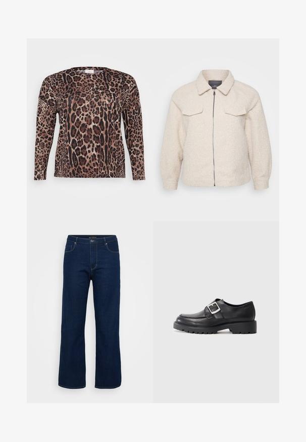 Lys beige fleecejakke med lynlås, krave og to forlommer. Har et tekstureret stof og en afslappet pasform.; Langærmet skjorte med leopardprint i nuancer af brun, sort og beige. Blød tekstur med en afslappet pasform.; Mørkeblå denim jeans med lige pasform, der har en lynlås, fem lommer og synlige syninger.; Sorte lædersko med en rund tå, der har en sidebuckle-detalje og en tyk, robust sål. Glat tekstur med minimal syning.