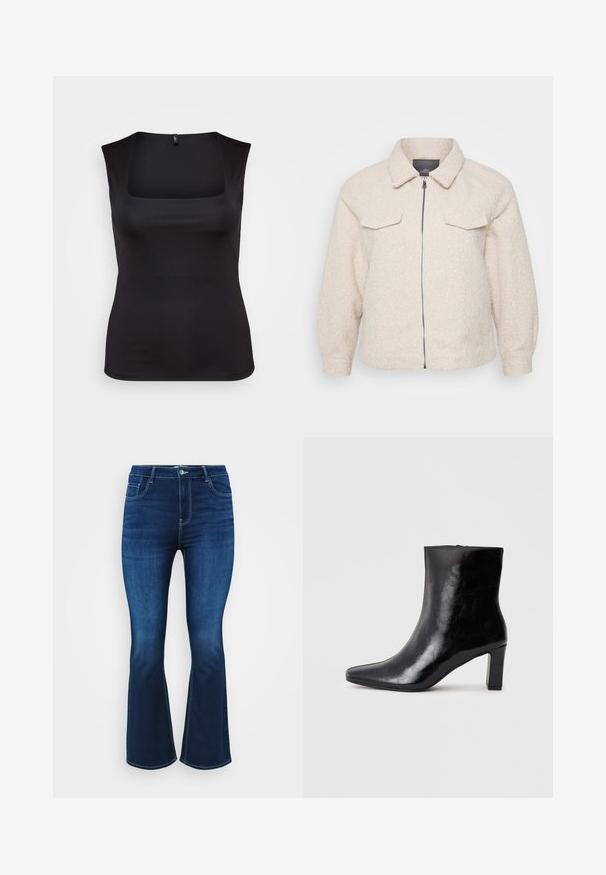 Veste en polaire beige clair avec fermeture éclair, col et deux poches avant. Présente un tissu texturé et une coupe décontractée.; Haut sans manches noir en tissu lisse, avec un col carré et une coupe ajustée, aux bords nets et sans motifs ni accents visibles.; Jean évasé bleu foncé en denim, avec un design à cinq poches, une fermeture éclair avec un bouton, et une couture contrastante le long des coutures.; Bottine noire en cuir brillant, avec un bout pointu et un talon carré moyen, présentant une texture lisse et un design simple.