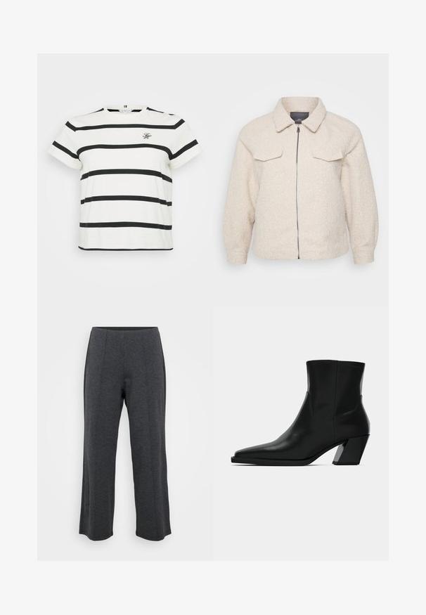 Veste en polaire beige clair avec fermeture éclair, col et deux poches avant. Présente un tissu texturé et une coupe décontractée.; T-shirt blanc avec des rayures noires horizontales, à manches courtes et col rond. Présente un petit logo brodé à l'avant.; Pantalons larges gris foncé fabriqués à partir d'un tissu doux et extensible. Comprend une ceinture lisse et un devant plat avec des plis subtils pour un détail supplémentaire.; Bottine en cuir noir avec un bout pointu, une silhouette élégante et un talon carré massif. Texture lisse avec des détails de couture minimalistes.