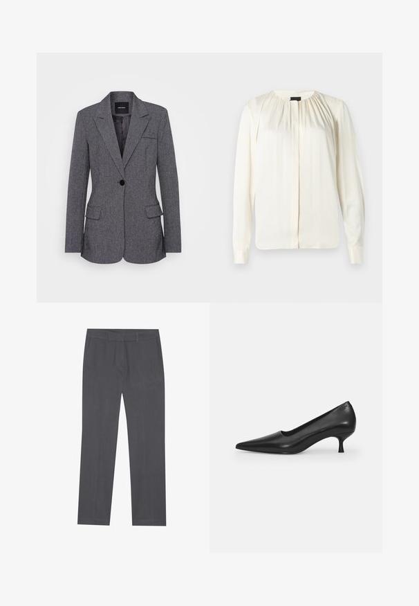 Blazer gris de tejido texturizado, con solapa con muesca, cierre de un botón, dos bolsillos frontales y un bolsillo en el pecho.; Blusa de manga larga en seda blanco roto. Presenta un escote redondo, suaves pliegues en los hombros y puños con botones. Textura suave y diseño minimalista.; Pantalones de vestir grises hechos de una tela suave, con un diseño de pierna recta, bolsillos frontales y una cinturilla con presillas para cinturón.; Zapato de tacón alto de cuero negro con punta afilada, diseño curvado y un tacón delgado de 5 cm. Textura suave con mínimas decoraciones.