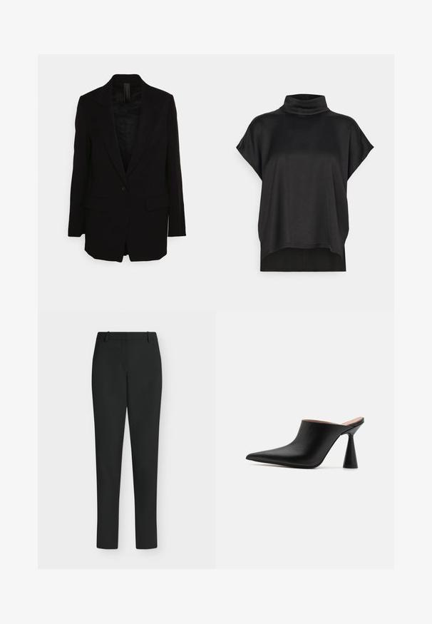Blazer noir avec un col cranté, fermeture à un bouton, deux poches avant et un tissu texturé. Coupe ajustée avec des manches longues.; Haut noir à manches courtes avec un col montant. Tissu doux et lisse avec un drapé lâche et un ourlet droit. Design minimaliste, sans ornements.; Pantalon noir slim fit avec passants de ceinture, fermeture éclair devant et jambes droites, présenté sur fond blanc.; Mules en cuir noir avec un bout pointu et un talon conique unique. Texture lisse et design minimaliste, à dos ouvert pour un enfilage facile.