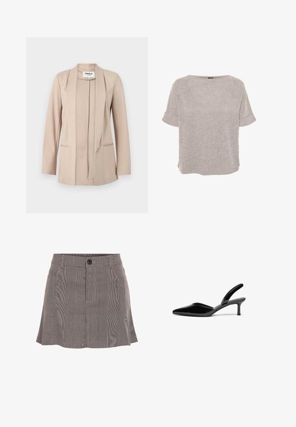 Beiger Blazer mit offenem Vorderteil, langen Ärmeln, Schalkragen und zwei aufgesetzten Taschen vorne, hergestellt von der Marke Only.; Hellgraue, kurzärmelige, strukturierte Bluse mit rundem Ausschnitt und umgeschlagenen Bündchen, lockere Passform.; Karierte Rock in Schwarz und Weiß, aus leichtem Stoff gefertigt, mit einem Bund mit Knopf und einem plissierten Design für zusätzliche Details.; Schwarze Lackleder-Slingback-Pumps mit spitzem Fuß, niedrigem Stiletto-Absatz und einem eleganten, schlichten Design ohne Verzierungen.