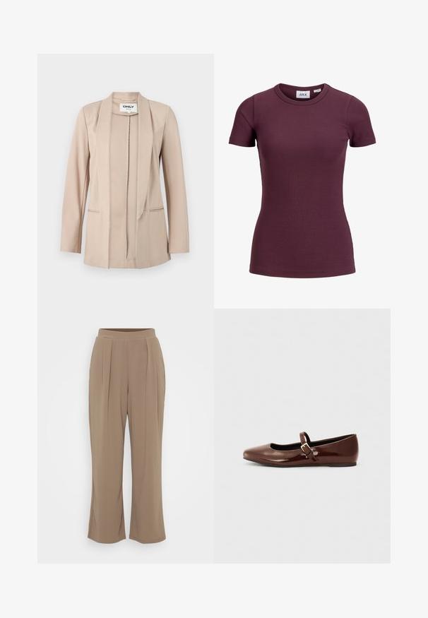 Beige åbent frontblazer med lange ærmer, sjalkrave og to forlommer, fremstillet af Only mærket.; Kortærmet tætsiddende ribbet t-shirt i mørk blommefarve med rund halsudskæring og frontmærke med mærket JJXX og størrelse 5.; Brune, vide bukser lavet af blødt stof med frontfolder og elastisk talje for komfort. Rent, minimalistisk design.; Brun patentlæder balletflade med firkantet tå og strop med en lille guldbuckle. Glat tekstur, lav hæl og minimalistisk design.