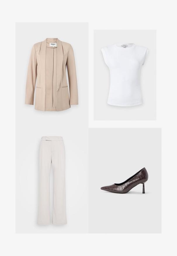 Beige åbent frontblazer med lange ærmer, sjalkrave og to forlommer, fremstillet af Only mærket.; Hvid ribbet ærmeløs top med polstrede skuldre og rund halsudskæring, størrelse small, mærket Topshop indvendigt i kraven.; Bredde bukser i lys beige stof med en tætsiddende linning, frontfolder og en glat tekstur. Casual design, ingen synlige mønstre eller hardware.; Brune kunstlæder stiletter med spidse tæer og krokodilletekstur, der har en slank, vinklet hæl og en glat inderside.