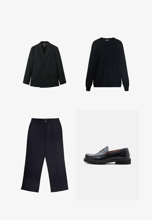 Sort dobbeltradet blazer lavet af glat stof med klapkrave, to forlommer og knaplukninger. Skræddersyet, struktureret design.; Sort pullover-sweater lavet af blødt strikket stof. Har en rund halsudskæring, lange ærmer og ribbede manchetter og kant for en strømlinet pasform.; Sorte viddebukser lavet af glat stof med lynlås og knaplukning samt forlommer. Bemærkelsesværdige folder ned ad hvert ben.; Sorte læder penny loafer med chunky gummisål og moc toe syninger, vist i profil på en hvid baggrund.