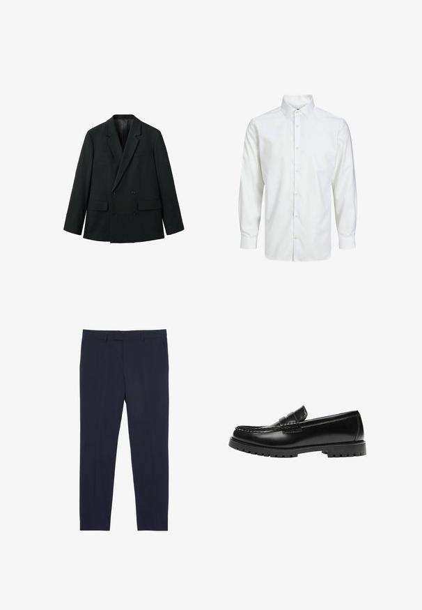 Sort dobbeltradet blazer lavet af glat stof med klapkrave, to forlommer og knaplukninger. Skræddersyet, struktureret design.; Hvid skjorte med lange ærmer, knaplukning, spids krave og knapper ved manchetterne, vist på en ensfarvet hvid baggrund.; Marineblå skræddersyede bukser lavet af glat stof, med sidelommer, flad front og lige ben.; Sort læderloafer med en kraftig gummisål og klassiske penny-strap detaljer, vist fra ydersiden.