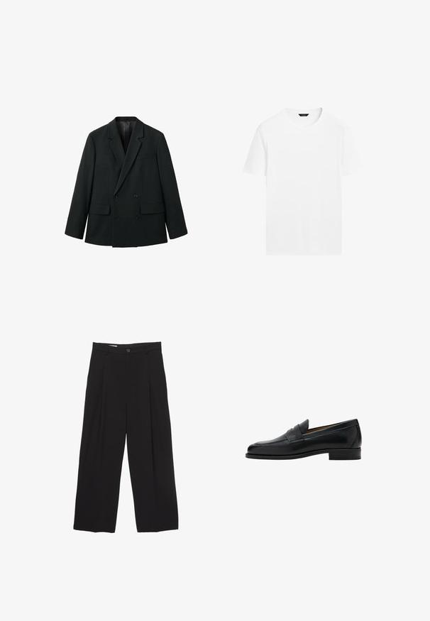 Sort dobbeltradet blazer lavet af glat stof med klapkrave, to forlommer og knaplukninger. Skræddersyet, struktureret design.; Hvid bomulds t-shirt med rund hals, korte ærmer og lige skæring. Har en glat, let tekstur og ingen synlige mønstre.; Sorte bukser med bred benvidde lavet af glat stof, med flad talje, frontfolder og en enkelt knaplukning.; Sort læder penny loafer med lav hæl, rundet tå og rem over den øverste del af skoen.
