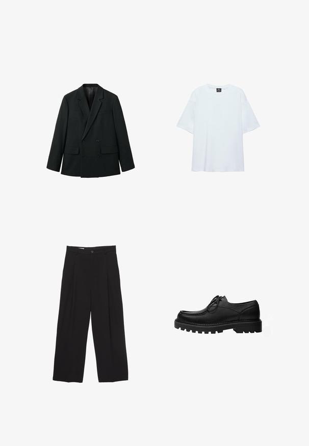 Blazer noir croisé en tissu lisse avec des revers crantés, deux poches avant et des fermetures à bouton. Design ajusté et structuré.; T-shirt blanc uni oversize à manches courtes avec col rond et étiquette noire à l'intérieur du col sur fond blanc.; Pantalons larges noirs en tissu lisse, avec une taille plate, des plis avant et un bouton unique.; Chaussure noire en cuir à lacets avec une semelle épaisse et robuste et des coutures détaillées sur la tige, conçue pour un usage formel ou décontracté.