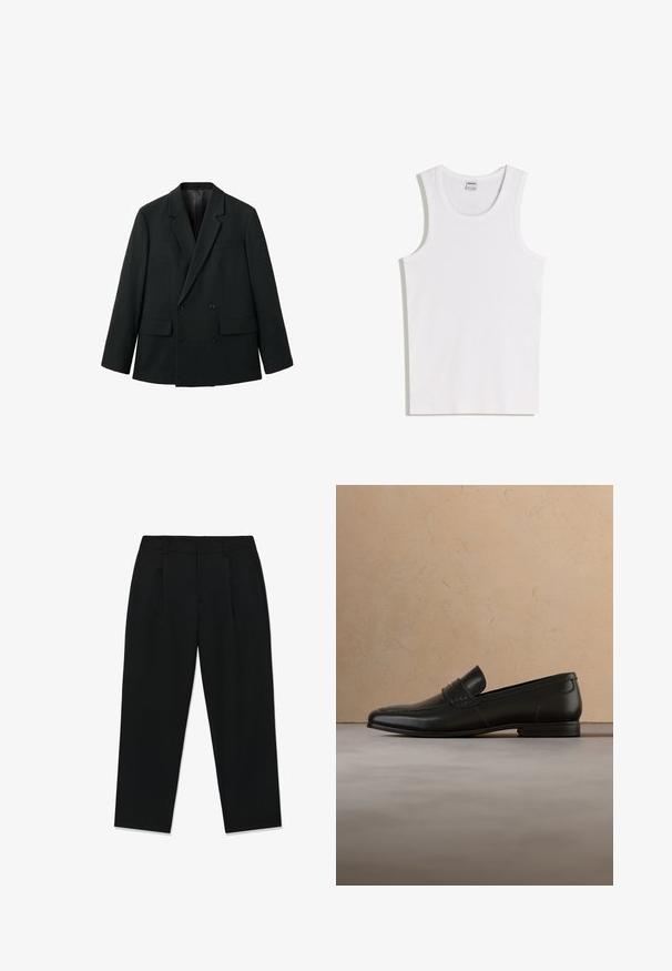 Blazer noir croisé en tissu lisse avec des revers crantés, deux poches avant et des fermetures à bouton. Design ajusté et structuré.; Débardeur blanc en coton avec un col rond et de larges bretelles. Texture lisse, sans motifs ni accents, design simple.; Pantalon noir droit avec passants de ceinture, plis sur le devant et fermeture avant dissimulée, présenté à plat sur fond blanc.; Mocassin en cuir noir présenté en lévitation au-dessus d'un tapis beige avec un canapé beige en arrière-plan.