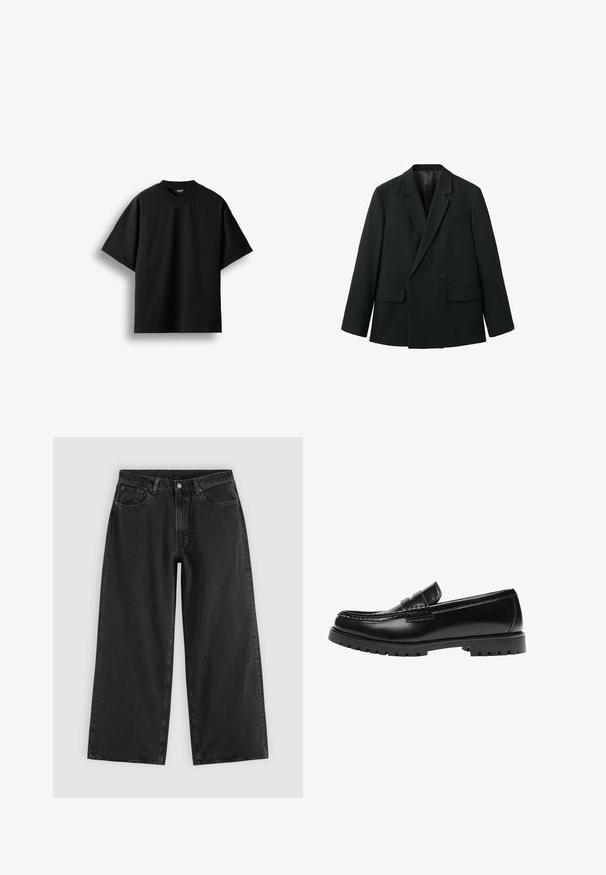 Sort dobbeltradet blazer lavet af glat stof med klapkrave, to forlommer og knaplukninger. Skræddersyet, struktureret design.; Sort T-shirt med korte ærmer og rund hals, lagt fladt mod en hvid baggrund med en synlig lille nakkemærke.; Sorte denim jeans med vide ben, forlommer, bæltestropper og knaplukning, vist på en ensfarvet lys baggrund.; Sort læderloafer med en kraftig gummisål og klassiske penny-strap detaljer, vist fra ydersiden.