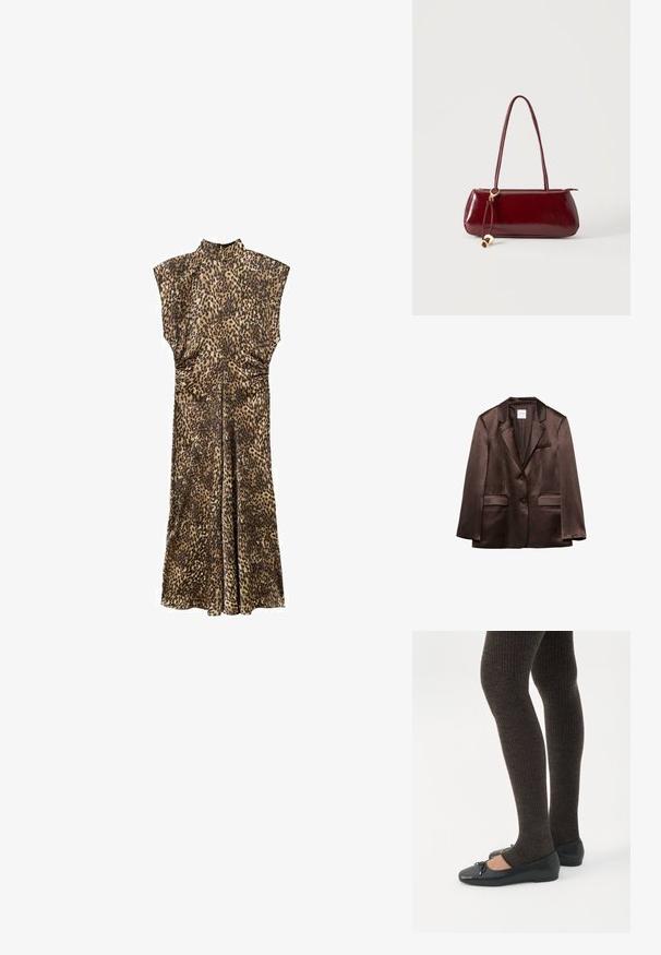 Blazer en satin marron avec revers crantés, deux poches à rabat devant, une poche poitrine passepoilée et deux boutons sur le devant.; Robe longue sans manches avec un col haut et un motif léopard, dotée de petites fronces à la taille pour mettre en valeur la silhouette.; Jambes portant des leggings côtelés foncés associés à des ballerines noires avec de petits détails en nœud sur fond blanc.; Sac à main en cuir rouge foncé brillant avec de longues anses et un charm circulaire doré suspendu à une anse.