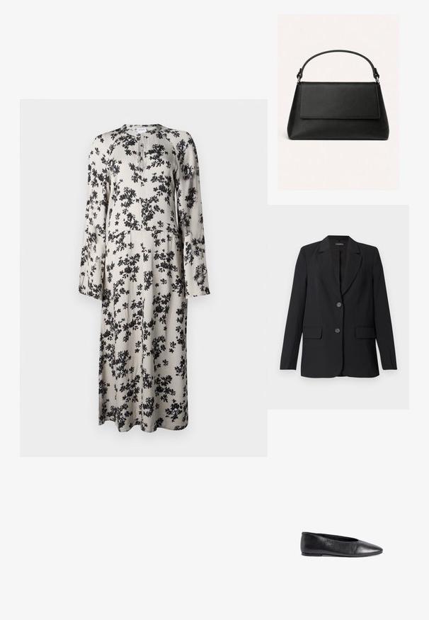 Blazer noir en tissu lisse avec un design structuré, doté d'un col cranté, de deux poches avant et d'une fermeture à deux boutons.; Robe midi florale en tissu beige, avec un motif de fleurs noires, encolure ronde, manches longues et une silhouette légèrement évasée.; Ballerine plate en cuir noir avec un bout pointu, une texture lisse, un design minimaliste et un petit talon pour la stabilité.; Sac à main en cuir noir avec un rabat supérieur, une forme trapézoïdale et une seule poignée incurvée attachée par des anneaux métalliques.