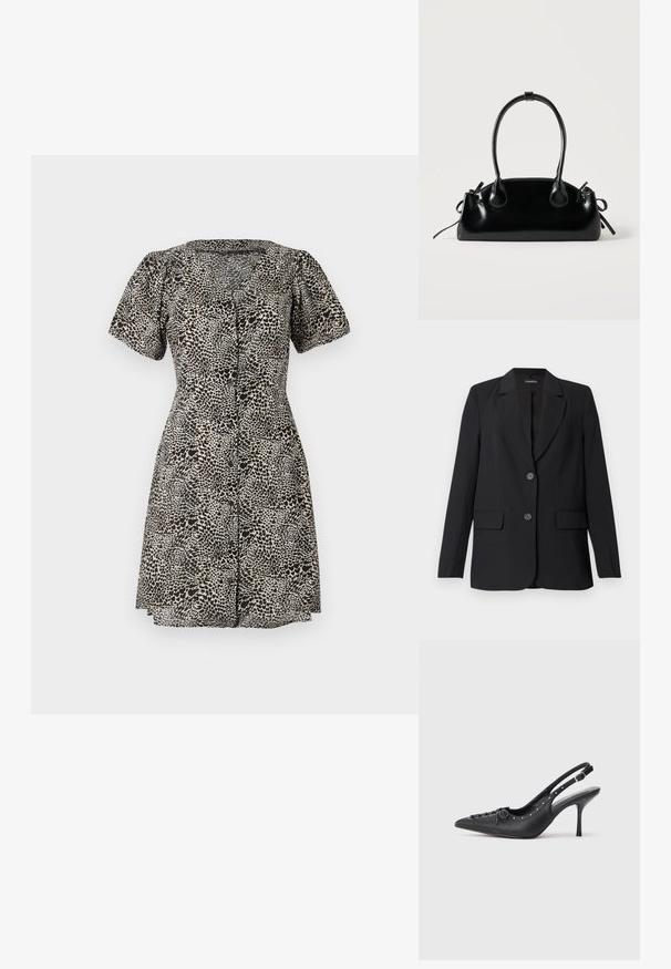 Sort blazer lavet af glat stof med et struktureret design, med en hakket krave, to forlommer og lukning med to knapper.; Leopardprintkjole med korte pufærmer, V-udskæring og knaplukning foran. Lavet af letvægtsstof med en flagrende nederdel.; Sorte læder slingback stiletto med spids tå, side spændebånd, nitter langs kanten og dekorativ snøring foran.; Lille sort blank håndtaske med to lange håndtag og snøre-detaljer i siden på en ensfarvet lys baggrund.