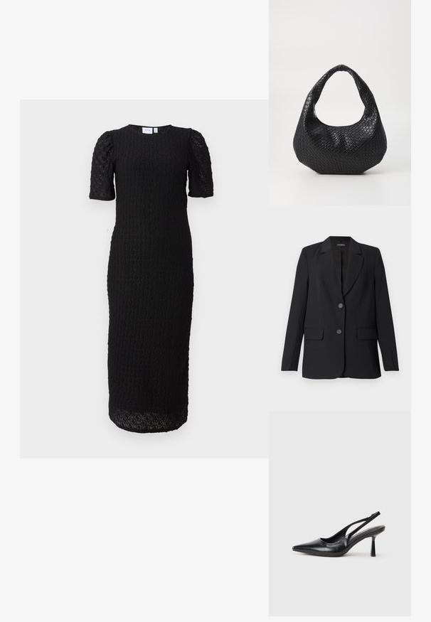 Sort blazer lavet af glat stof med et struktureret design, med en hakket krave, to forlommer og lukning med to knapper.; Sort midi-kjole med puffede korte ærmer og et cirkulært blondermønster hele vejen igennem, med rund halsudskæring og lige pasform.; Sort læderslagback højhælet sko med spids tå og slank hæl på en hvid baggrund.; Sort flettet håndtaske med et buet håndtag, der har en struktureret overflade og en afslappet form. Glat finish med en organisk silhuet.