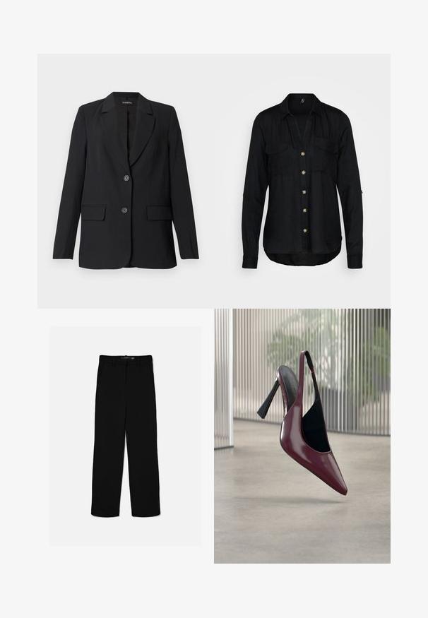 Schwarzer Blazer aus glattem Stoff mit einem strukturierten Design, ausgestattet mit einem Reverskragen, zwei Fronttaschen und einem Zweiknopfverschluss.; Schwarze Hemdjacke aus einem weichen, strukturierten Stoff. Verfügt über einen V-Ausschnitt, zwei Brusttaschen und goldfarbene Knöpfe. Lange Ärmel mit Manschetten.; Schwarze gerade geschnittene Hose mit Gürtelschlaufen, Frontreißverschluss und Seitentaschen, flach auf hellem Hintergrund ausgelegt.; Glänzender dunkelroter Slingback mit hohem Absatz, spitzer Zehenform und schwarzer Innenfütterung, schwebt über einem glatten Betonboden im Innenraum.