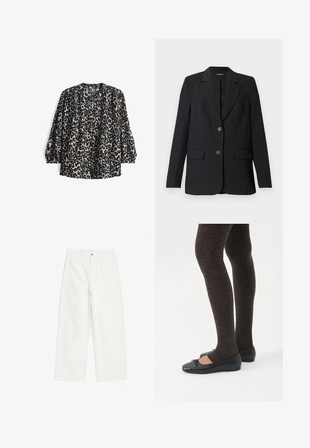 Zwarte blazer gemaakt van gladde stof met een gestructureerd ontwerp, voorzien van een kraag met inkeping, twee voorzakken en een sluiting met twee knopen.; Zwarte blouse met een crèmekleurig abstract patroon, voorzien van een V-hals, knopen aan de voorkant en gathered mouwen voor een ontspannen pasvorm. Textuurstof.; Witte wijde jeans met voorzakken, riemlussen, knoopsluiting en een zichtbare naad langs elke pijp.; Benen met donkere geribbelde leggings gecombineerd met zwarte ballerina's met kleine strikdetails op een witte achtergrond.