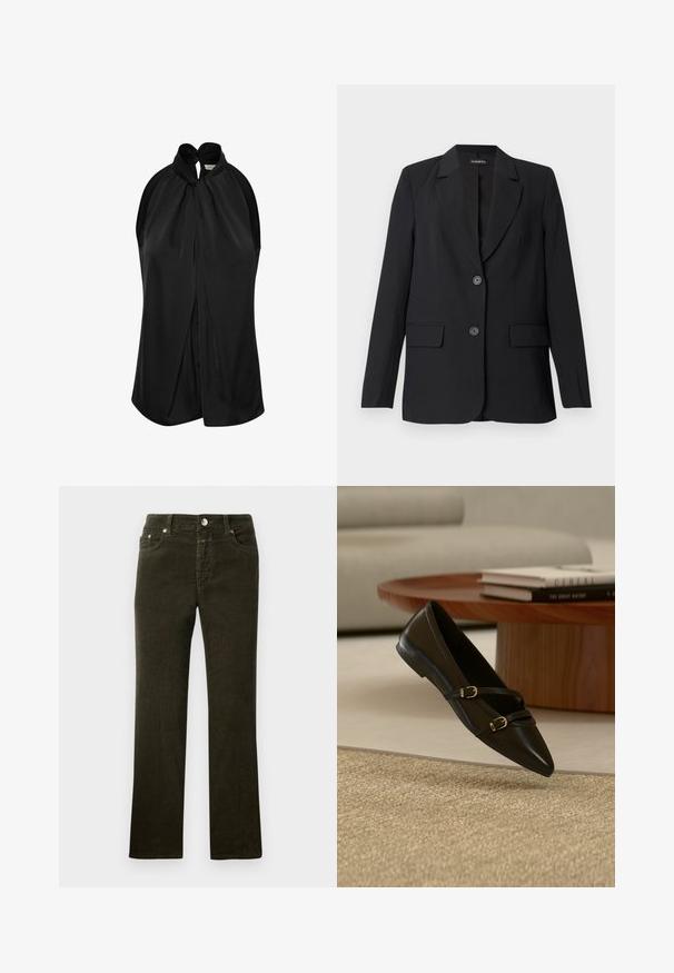 Blazer negro hecho de tela lisa con un diseño estructurado, que presenta un cuello de muesca, dos bolsillos delanteros y cierre de dos botones.; Top negro sin mangas con un cuello halter y un detalle de nudo, fabricado en una tela suave, con un diseño drapeado que cae libremente desde los hombros.; Pantalones de pana de pierna recta en color verde oliva oscuro con diseño de cinco bolsillos, botón de metal y cremallera. Textura suave con patrón de cordones visible.; Zapato plano negro con puntera puntiaguda y dos delgadas correas con hebillas flotando sobre una alfombra beige, con una mesa de café de madera y libros al fondo.