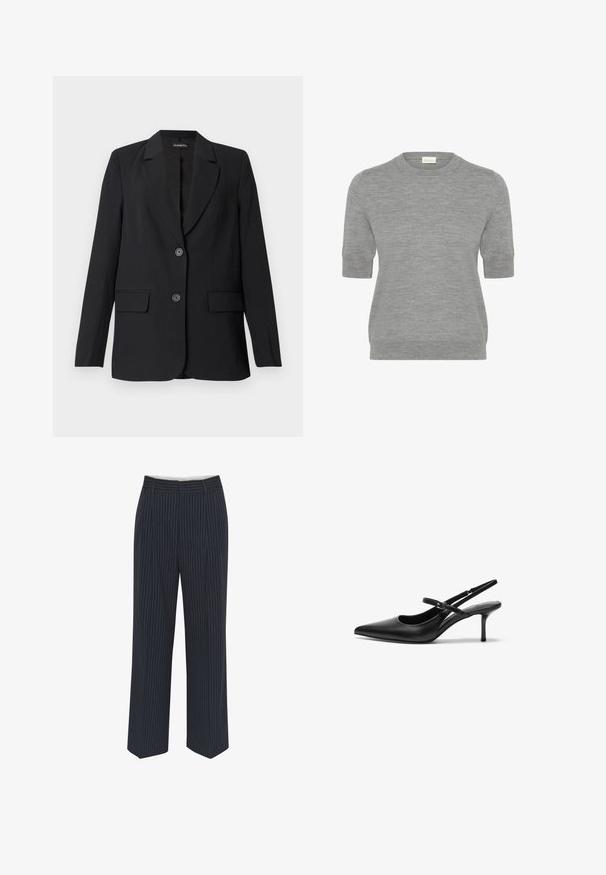 Sort blazer lavet af glat stof med et struktureret design, med en hakket krave, to forlommer og lukning med to knapper.; Kortærmet, rundhals sweater i lys grå, lavet af et blødt strikmateriale. Har en afslappet pasform og let ribbet kant.; Mørkeblå bukser med hvide lodrette striber, vide ben, glat stof, bælteløkker og en midtersøm foran for et skræddersyet udseende.; Sorte læder slingback hæle med spids tå, slank justerbar rem og en stiletto hæl på cirka 5 cm, glat tekstur.