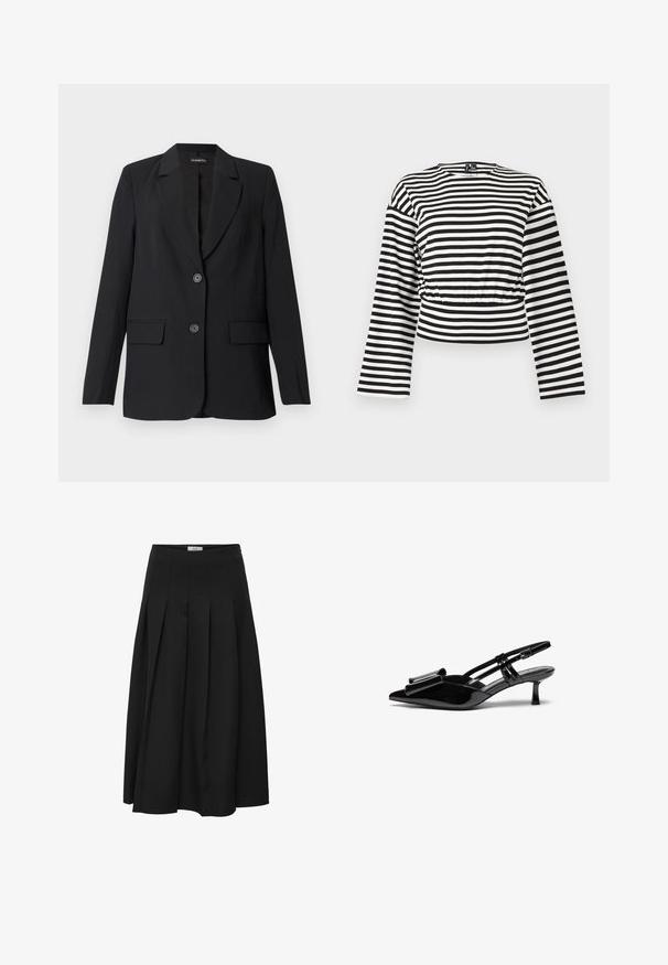 Schwarzer Blazer aus glattem Stoff mit einem strukturierten Design, ausgestattet mit einem Reverskragen, zwei Fronttaschen und einem Zweiknopfverschluss.; Schwarz-weiß gestreiftes, langärmliges Crop-Top mit rundem Ausschnitt und leicht geraffter Taillendetaillierung.; Schwarzer plissierter Midirock aus glattem Stoff. Verfügt über eine hohe Taille und eine fließende Silhouette mit sorgfältig genähten Falten.; Schwarze Lackleder-Slingbacks mit spitzer Zehenpartie, einer Schleifendetail an der Vorderseite und einem kleinen Stiletto-Absatz. Die Riemen haben verstellbare Schnallen.