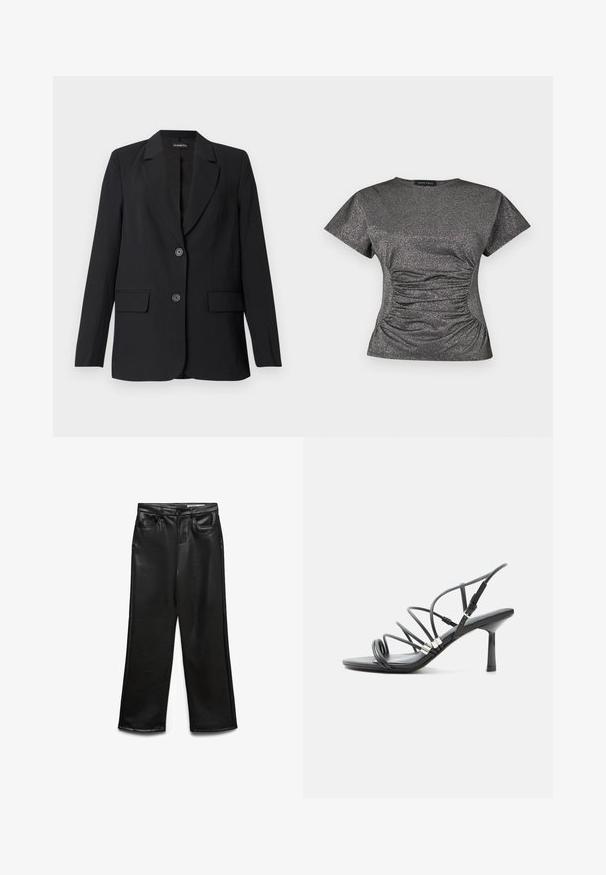 Schwarzer Blazer aus glattem Stoff mit einem strukturierten Design, ausgestattet mit einem Reverskragen, zwei Fronttaschen und einem Zweiknopfverschluss.; Kurzärmliges, dunkelgraues Oberteil mit metallic Glitzer, rundem Halsausschnitt und gerafftem Rüschendetail in der Taille.; Schwarze weite Hose aus Kunstleder mit Fronttaschen, Gürtelschlaufen und dezentem Glanz. Glatte Textur und maßgeschneiderte Passform.; Schwarze High-Heel-Sandale mit dünnen, geschwungenen Riemen, silbernen Akzenten und verstellbarer Knöchelschnalle auf weißem Hintergrund.