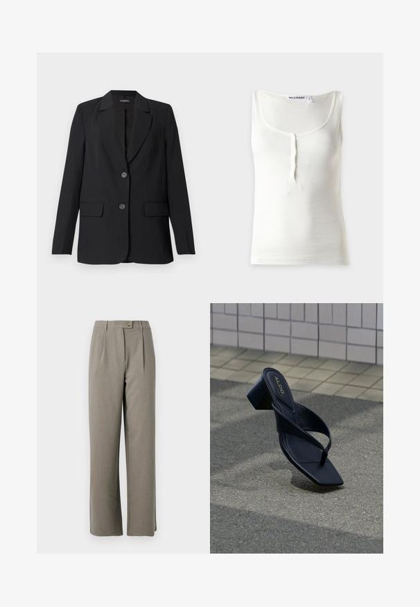 Blazer negro hecho de tela lisa con un diseño estructurado, que presenta un cuello de muesca, dos bolsillos delanteros y cierre de dos botones.; Camiseta sin mangas blanca acanalada con cuello redondo y tres pequeños botones delanteros, extendida sobre un fondo gris.; Pantalones de pierna ancha gris claro con una textura suave, que cuentan con pliegues frontales, cierre de botón y dos bolsillos laterales.; Sandalia negra de tacón con punta cuadrada y tiras anchas, exhibida contra una pared de azulejos y una superficie de suelo texturizada.
