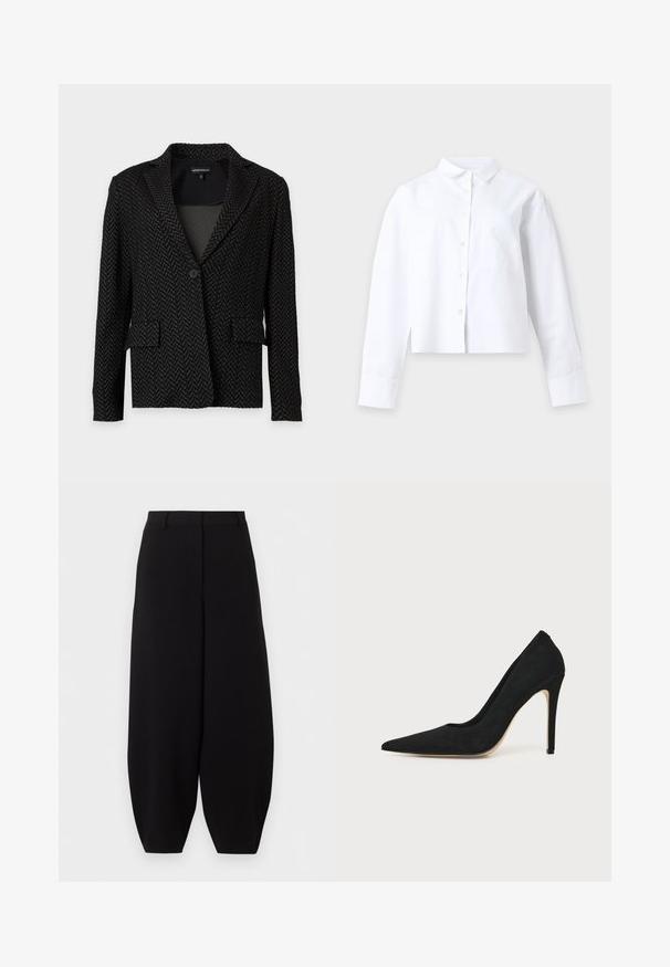 Blazer noir et gris foncé à motif chevrons, avec col, fermeture par un seul bouton et deux poches à rabat à l’avant.; Chemise blanche à manches longues avec col et poche devant, posée à plat sur un fond clair uni.; Pantalon noir à jambes larges et courtes, taille haute, sans poches visibles ni ornements.; Escarpin stiletto noir à talon haut avec bout pointu et texture lisse, présenté de profil sur un fond clair uni.