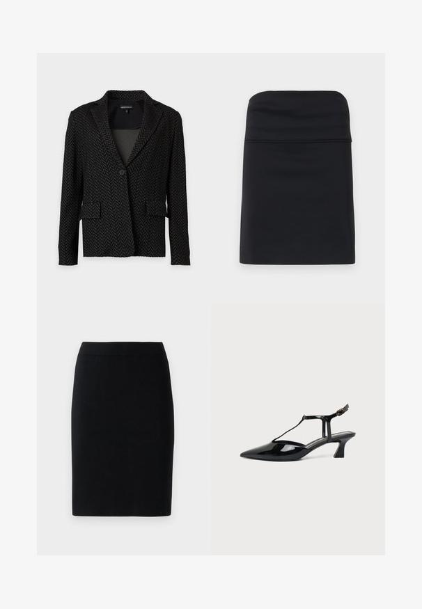 Zwart en donkergrijze blazer met visgraatpatroon, kraag, sluiting met één knoop en twee voorzakken met klep.; Zwarte aansluitende rok met een gladde textuur, gekenmerkt door een eenvoudig, strak ontwerp en een rechte silhouet. Geen zichtbare onderdelen of patronen.; Zwarte kokerrok tot de knie met een elastische tailleband tegen een effen witte achtergrond.; Zwarte pumps van lakleer met spits toelopende neus, T-strap en lage schuine blokhak op witte achtergrond.