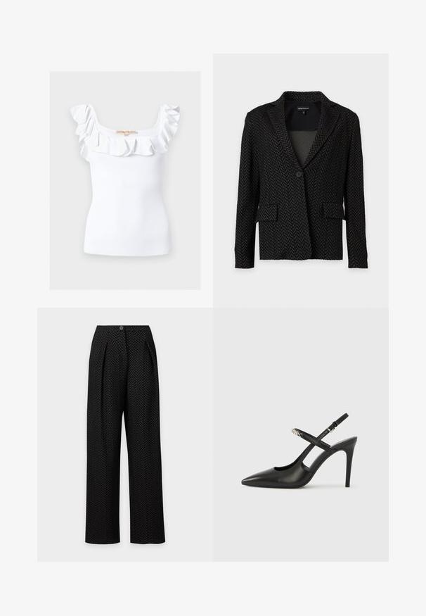 Blazer negro y gris oscuro con patrón de espiga, con cuello, cierre de un botón y dos bolsillos delanteros con solapa.; Top blanco sin mangas con tejido acanalado, escote cuadrado y volante en los hombros y el pecho.; Pantalones negros de pierna ancha con sutil estampado espiga, pliegues frontales, bolsillos laterales y cierre con un botón en la cintura.; Tacones altos slingback de cuero negro con punta afilada, diseño con recortes y correa ajustable con herrajes metálicos.