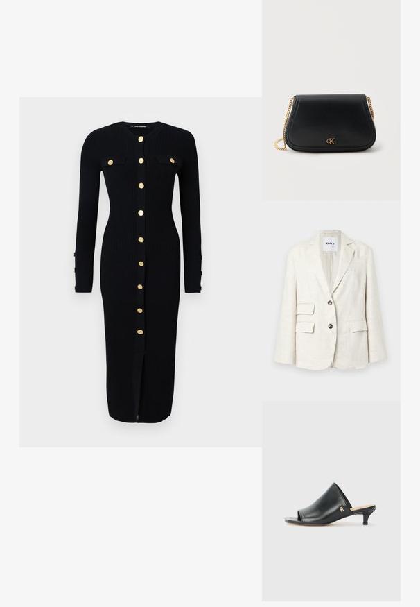 Heller beigefarbener Blazer aus strukturiertem Stoff, mit einem Reverskragen, zwei Fronttaschen und zwei schwarzen Knöpfen. Das Etikett trägt die Aufschrift "DAY."; Schwarzes, langärmeliges Rippkleid mit goldfarbigen Knopfverschlüssen, zwei Brusttaschen und einem Schlitz vorne. Weicher Stoff, figurbetonte Passform.; Schwarze Leder-Pantoletten mit offenen Zehen und niedrigem Absatz. Sie verfügen über eine glatte Oberfläche und ein goldenes Logo-Detail an der Seite.; Schwarze Leder-Schultertasche mit goldener Kettenriemen und kleinem goldfarbenem "CK"-Logo vorne mittig.