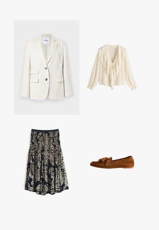 Licht beige blazer van gestructureerde stof, met een notch lapel, twee voorkeurszakken en twee zwarte knopen. Etiket leest "DAY."; Crèmekleurige blouse van lichtgewicht stof met een diep V-hals, grote ruches en elastische manchetten aan de mouwen.; Uitlopende rok van marineblauw stof met een gedurfde beige botanische print. Elastische tailleband en geplooid ontwerp zorgen voor volume. Lichtgewicht textuur.; Bruine suède platte loafer met kwastje en strikdetail bovenop, gestikt mocassin-stijl bovenwerk en lage hakzool.