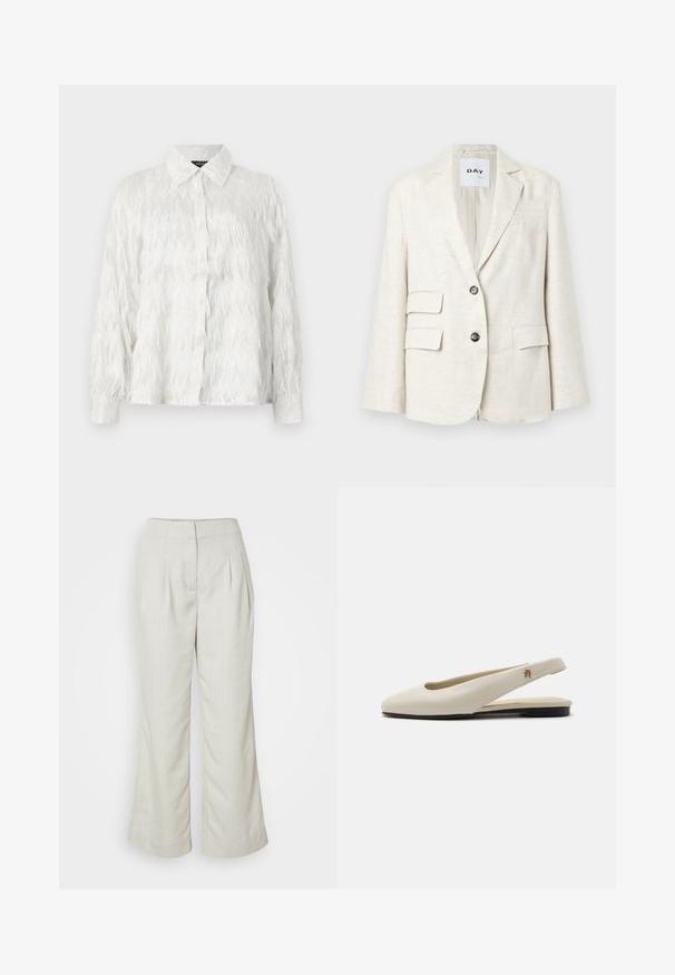 Licht beige blazer van gestructureerde stof, met een notch lapel, twee voorkeurszakken en twee zwarte knopen. Etiket leest "DAY."; Witte button-up shirt met een gestructureerd zigzagpatroon en rafelige accenten, met een klassieke kraag en lange mouwen.; Lichtbeige hoge taille broek met streepjespatroon, plooien aan de voorkant, wijde pijpen en opgerolde mouwen. Gemaakt van gladde, zachte stof.; Crèmekleurige leren slingback platte schoen met ronde neus en klein gouden embleem op het bandje.
