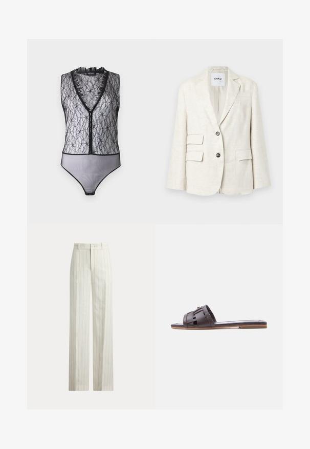 Lys beige blazer lavet af tekstureret stof, med et klippet krave, to frontlommer og to sorte knapper. Etiketten siger "DAY."; Hofmann Copenhagen EXCLUSIVE MARY - Top - black; Hvide bukser med lige ben med tynde lodrette blå striber, bæltestropper og knappelukning i taljen.; Brun læder flad slidesandal med vævet remdetalje og tynd sål på hvid baggrund.