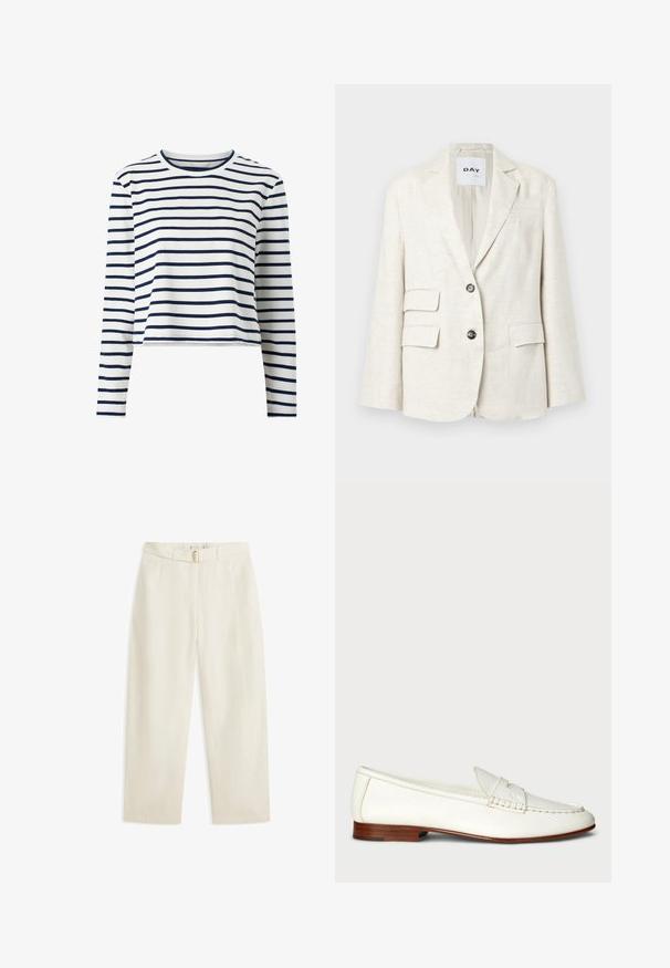 Lys beige blazer lavet af tekstureret stof, med et klippet krave, to frontlommer og to sorte knapper. Etiketten siger "DAY."; Langeærmet croppet top lavet af blødt stof med hvide og marineblå vandrette striber, rund halsudskæring og enkel skæring.; Bukser med brede ben i cremelige farver med bæltestropper og et matchende stofbælte med en guldfarvet oval spænde.; Hvide læder loafers med en struktureret overflade, rund tå og vævet detalje. Lavt træhæl og minimalistisk design.