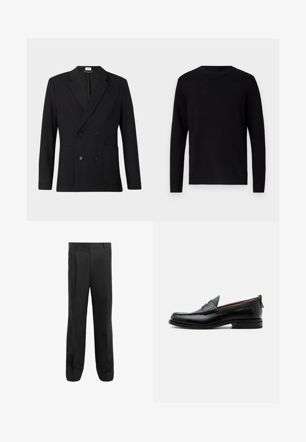 Blazer negro de doble botonadura con solapas con muesca, cuatro botones, mangas largas y dos bolsillos de parche en la parte delantera sobre un fondo liso.; Suéter negro de punto con cuello redondo y mangas largas. Textura suave y color sólido, sin patrones ni acentos visibles.; Pantalones negros con un diseño de pierna recta, que presentan pliegues, un cierre de un solo botón y trabillas para cinturón. Fabricados con una tela suave.; Mocasín de hombre de piel negra con costura moc toe, tira penny, cuello texturizado y tacón bajo apilado sobre fondo blanco.