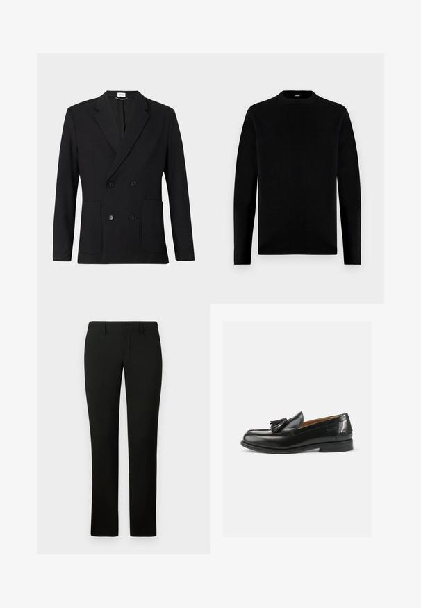 Blazer negro de doble botonadura con solapas con muesca, cuatro botones, mangas largas y dos bolsillos de parche en la parte delantera sobre un fondo liso.; Sudadera negra de manga larga con cuello redondo, de diseño sencillo y sólido, con una pequeña etiqueta de la marca en el interior del cuello.; Pantalones negros con un corte a medida, que presentan una textura suave y un diseño de pierna recta. La cintura tiene pasadores para cinturón y un acabado limpio.; Mocasines de cuero negro con un acento de borlas, punta redondeada y un acabado suave. La suela es plana con un patrón de relieve mínimo.