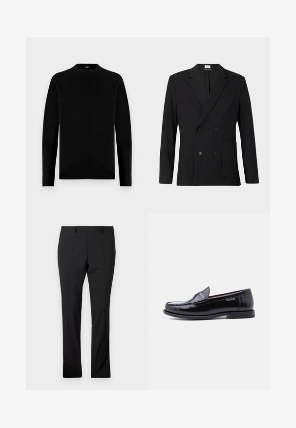 Blazer negro de doble botonadura con solapas con muesca, cuatro botones, mangas largas y dos bolsillos de parche en la parte delantera sobre un fondo liso.; Sudadera negra de manga larga con cuello redondo, de diseño sencillo y sólido, con una pequeña etiqueta de la marca en el interior del cuello.; Pantalones negros ajustados con trabillas, pliegue frontal y corte recto sobre un fondo blanco liso.; Mocasines de cuero negro con acabado brillante, que presentan un diseño cosido en la puntera y una suela baja de goma negra texturizada.