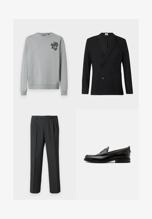 Blazer noir à double boutonnage avec revers en pointe, quatre boutons, manches longues et deux poches plaquées à l'avant sur un fond uni.; Sweatshirt gris clair en tissu doux, avec un col rond et des manches longues. Texte graphique noir sur la zone gauche de la poitrine.; Pantalon noir en tissu lisse, avec une coupe droite, un devant plissé et une taille standard avec passants pour ceinture.; Mocassin homme en cuir noir avec couture moc toe, bride penny, col texturé et petit talon empilé sur fond blanc.