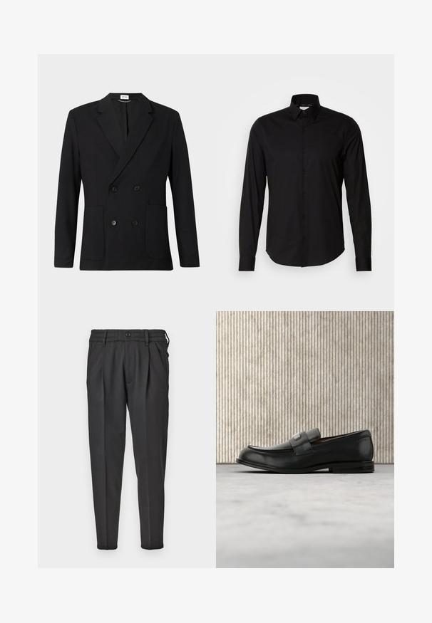 Zwart dubbelzijdig blazer met notch-revers, vier knopen, lange mouwen en twee voorzakken op een effen achtergrond.; Zwarte langgemouwen shirt van gladde stof. Bevat een klassieke kraag, knoopsluiting en rechte zoom. Geen patronen of accenten aanwezig.; Zwarte broek van gladde stof, met een geplooide voorkant, elastische tailleband en rechte pijpen met een taps toelopende onderkant.; Zwarte leren loafer met een metalen merktekenplaatje, rustend bij een bruine ronde tafel op een beige tapijtvloer.