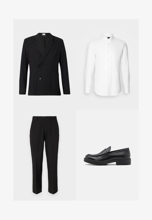 Blazer noir à double boutonnage avec revers en pointe, quatre boutons, manches longues et deux poches plaquées à l'avant sur un fond uni.; Chemise blanche à manches longues, boutonnée sur le devant, col classique, fabriquée en tissu lisse avec une texture subtile, conçue pour une coupe ajustée.; Pantalon noir en tissu lisse, présentant une coupe droite, des poches avant, un bouton simple de fermeture et sans motifs visibles.; Mocassins en cuir noir avec un bout arrondi, un design à enfiler et une semelle en caoutchouc épaisse avec une texture antidérapante. Talon surélevé et détails de surpiqûre subtils.