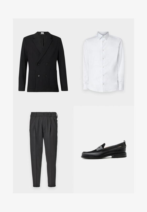 Sort dobbeltbrystet blazer med notch-lapper, fire knapper, lange ærmer og to forreste påsatte lommer på en ensfarvet baggrund.; Hvid langærmet skjorte lavet af glat stof, med en klassisk krave, knaplukning og manchetter med knapper, vist på en ensfarvet baggrund.; Sorte bukser lavet af glat stof, med plisseret front, elastisk talje og lige ben med en indsnævret bund.; Sort læderloafer med grå remdetalje, lav hæl og tekstureret sål, mærket med "HUGO" i guld på siden.