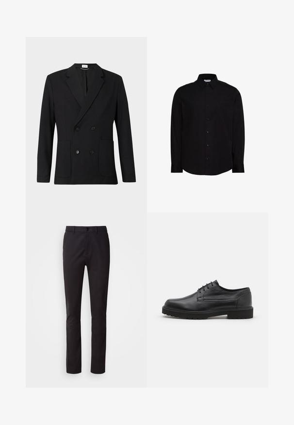 Sort dobbeltbrystet blazer med notch-lapper, fire knapper, lange ærmer og to forreste påsatte lommer på en ensfarvet baggrund.; Sort langærmet skjorte med knapper, lavet af glat stof. Har en klassisk krave, frontknaplukning og et lille logo på brystet.; Sorte bukser med lige ben, foran knap, bæltestropper og sidelommer, vist på en hvid baggrund.; Sorte lædersko med rund tå, glat finish og minimal syning. Har snørebåndslukning og en kraftig, struktureret gummisål.