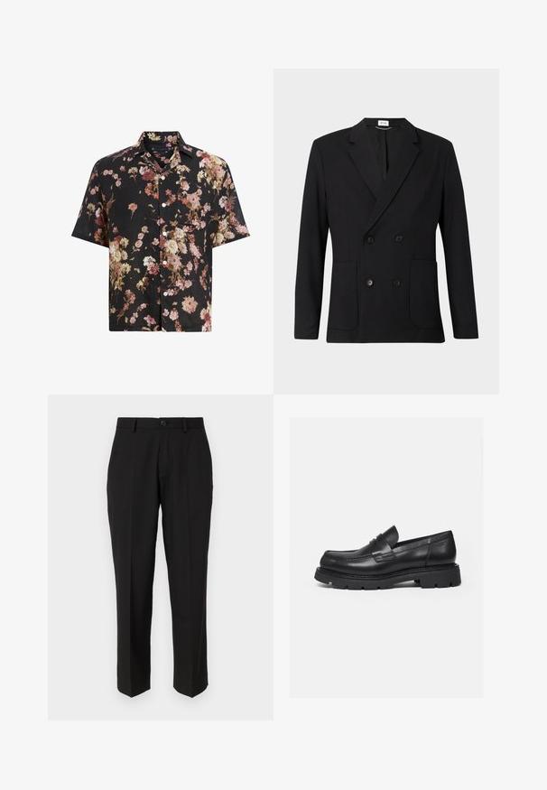 Schwarzes zweireihiges Blazer mit Reverskragen, vier Knöpfen, langen Ärmeln und zwei aufgesetzten Taschen vorne auf einem einfarbigen Hintergrund.; Schwarzes T-Shirt mit kurzen Ärmeln und floralem Muster in den Farbtönen Pink, Creme und Burgunder. Aus leichtem Material mit Knopfverschluss.; Schwarze Hosen aus glattem Stoff mit geradem Bein, Fronttaschen, einem einzigen Knopfverschluss und ohne sichtbare Muster.; Schwarzer Lederloafer mit dicker, profilierter Sohle und Pennyriemen-Detail, von der rechten Seitenansicht auf weißem Hintergrund gezeigt.