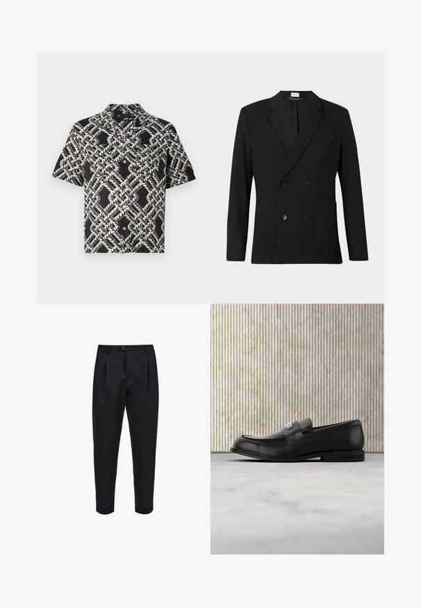Blazer noir à double boutonnage avec revers en pointe, quatre boutons, manches longues et deux poches plaquées à l'avant sur un fond uni.; Chemise noire à manches courtes avec un motif géométrique abstrait de feuilles blanches et deux poches poitrine.; Pantalons noirs en tissu lisse, avec un devant plissé, une coupe fuselée et des ourlets roulés. Fermeture par bouton simple à la taille.; Mocassin en cuir noir avec une plaque de marque en métal reposant près d'une table ronde marron sur un sol recouvert de moquette beige.