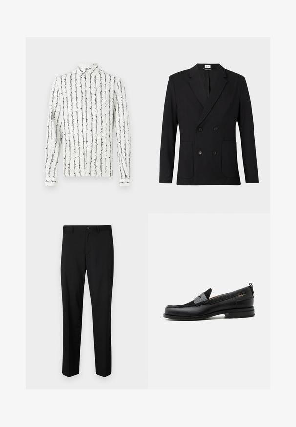 Blazer noir à double boutonnage avec revers en pointe, quatre boutons, manches longues et deux poches plaquées à l'avant sur un fond uni.; Chemise blanche à boutons avec des rayures verticales noires et un motif floral. Manches longues avec des poignets à boutons. Fabriquée en tissu léger.; Pantalons noirs ajustés avec une coupe plate, taille standard et jambes droites. Fabriqués en tissu lisse, dotés d'une fermeture à un bouton.; Mocassin en cuir noir avec détail de bride grise, talon bas et semelle texturée, marqué "HUGO" en or sur le côté.