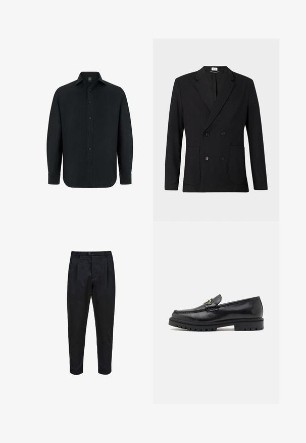Blazer noir à double boutonnage avec revers en pointe, quatre boutons, manches longues et deux poches plaquées à l'avant sur un fond uni.; Chemise noire à manches longues avec boutons, col pointu et poignets, devant uni, présentée sur fond blanc.; Pantalons noirs en tissu lisse, avec un devant plissé, une coupe fuselée et des ourlets roulés. Fermeture par bouton simple à la taille.; Mocassins en cuir noir avec une finition lisse, bout rond, une sangle décorative avec des accessoires en or, et une semelle noire robuste.