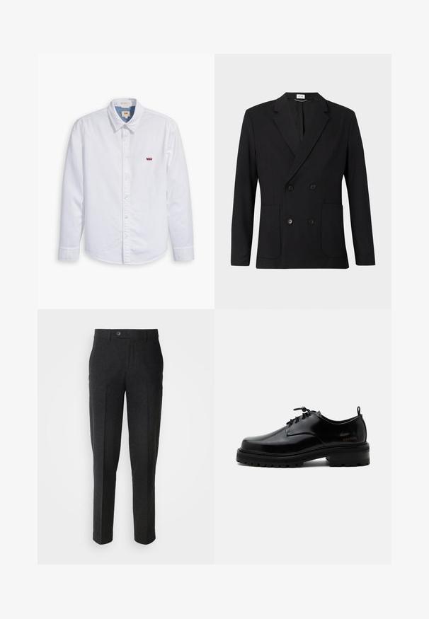 Schwarzes zweireihiges Blazer mit Reverskragen, vier Knöpfen, langen Ärmeln und zwei aufgesetzten Taschen vorne auf einem einfarbigen Hintergrund.; Weißes, langärmliges Hemd mit Knopfverschluss aus Baumwolle. Verfügt über einen spitzen Kragen und ein kleines rotes Levi's-Logo auf der linken Brust. Glatte Textur.; Lindbergh Stoffhose - black melange; Schwarzer polierter Lederschnürschuh mit dicker Gummisohle und niedrigem Absatz, seitlichem Marken-Schriftzug "SAMSOE" und hinterer Zuglasche.