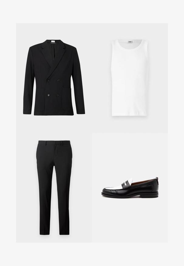 Blazer negro de doble botonadura con solapas con muesca, cuatro botones, mangas largas y dos bolsillos de parche en la parte delantera sobre un fondo liso.; Camiseta sin mangas de algodón blanco con cuello redondo y una textura suave. Diseño sencillo, sin patrones ni acentos.; Pantalones negros a medida en una tela suave. Presentan un diseño de pierna recta, pliegues frontales y trabillas para cinturón para un tamaño ajustable.; Mocasín de cuero blanco y negro con detalles cosidos, tacón bajo y diseño tipo slip-on, mostrado de lado sobre un fondo liso.