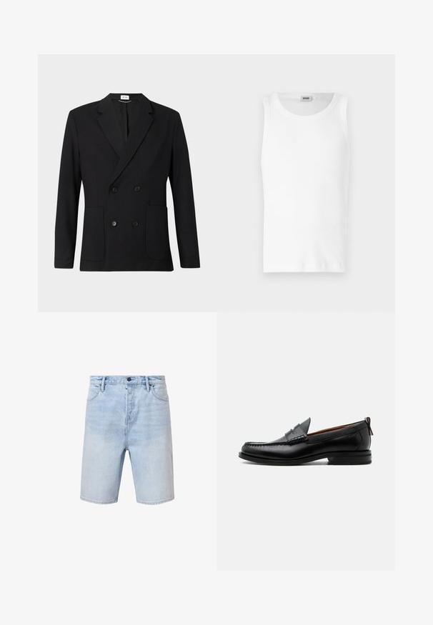 Sort dobbeltbrystet blazer med notch-lapper, fire knapper, lange ærmer og to forreste påsatte lommer på en ensfarvet baggrund.; Hvid bomulds tanktop uden ærmer med rund halsudskæring og en glat tekstur. Enkel design, ingen mønstre eller accenter.; Lyseblå denimshorts med regular fit, fem-lomme design og knaplukning. Har subtilt slid og syet kant.; Sort læder herre loafer med moc-tå syning, penny strop, struktureret krave og lav stablet hæl på hvid baggrund.